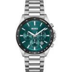 Montre homme Hugo Boss 1514241 avec cadran vert texturé, lunette noire et bracelet acier