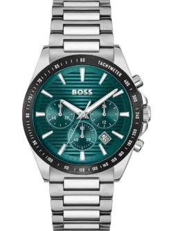 Montre homme Hugo Boss 1514241 avec cadran vert texturé, lunette noire et bracelet acier