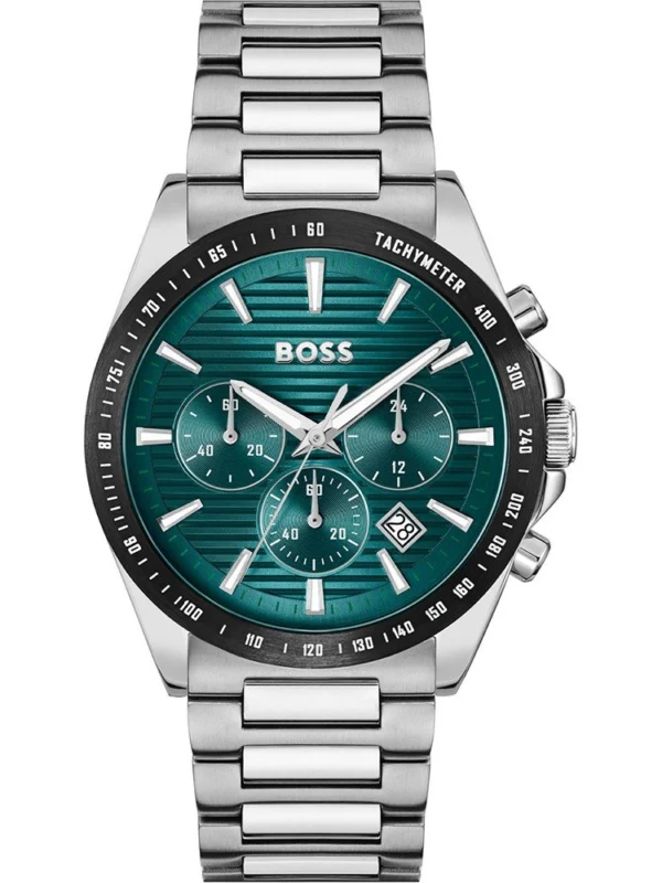 Montre homme Hugo Boss 1514241 avec cadran vert texturé, lunette noire et bracelet acier