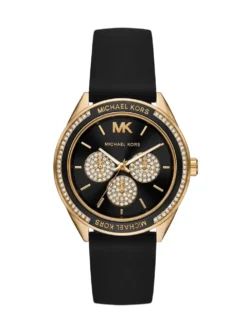 Montre Michael Kors MK6944 Jessa à cadran noir, boîtier doré et lunette ornée de cristaux