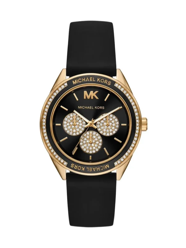 Montre Michael Kors MK6944 Jessa à cadran noir, boîtier doré et lunette ornée de cristaux