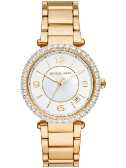 Montre femme Michael Kors MK4693 Parker dorée avec cadran blanc nacré et lunette sertie de cristaux