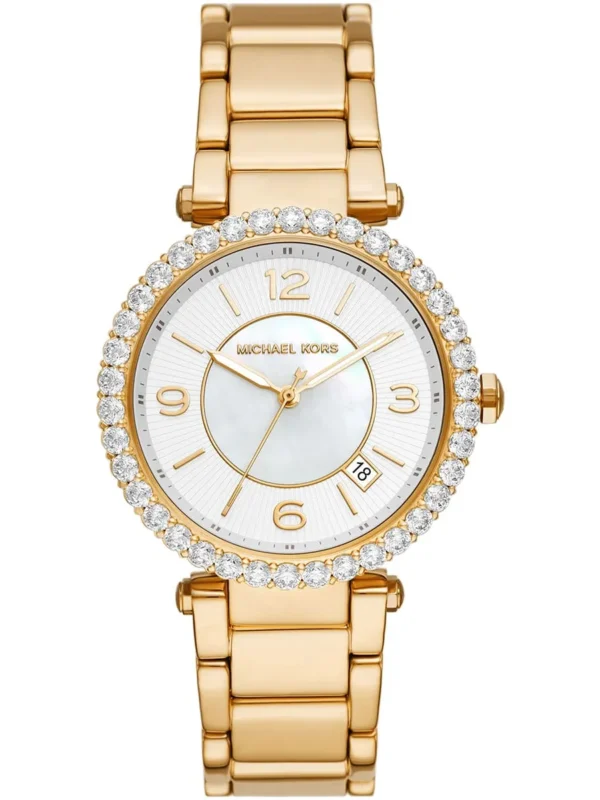 Montre femme Michael Kors MK4693 Parker dorée avec cadran blanc nacré et lunette sertie de cristaux