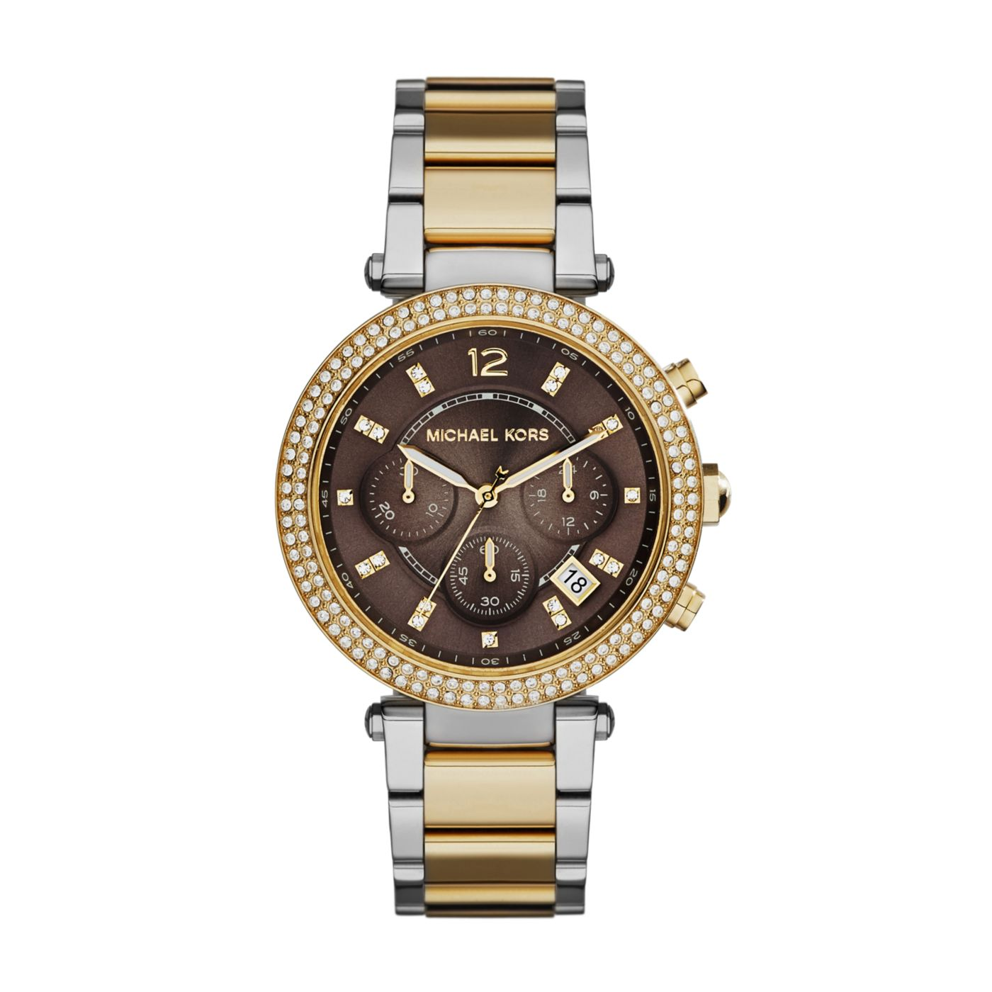 michael-kors-mk6118-parker-montre-femme-chronographe-bicolore-au-maroc Montre femme Michael Kors MK6118 Parker bicolore avec cadran marron et bracelet en acier
