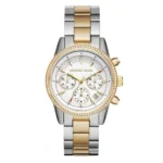 Montre femme Michael Kors MK6474 Ritz chronographe bicolore à cadran blanc et lunette pavée