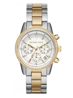 Montre femme Michael Kors MK6474 Ritz chronographe bicolore à cadran blanc et lunette pavée