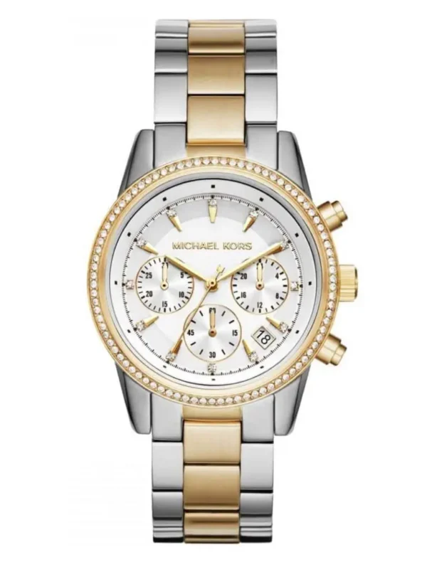 Montre femme Michael Kors MK6474 Ritz chronographe bicolore à cadran blanc et lunette pavée