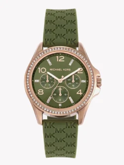 Montre femme Michael Kors MK7421 avec cadran vert olive, bracelet silicone et lunette pavée