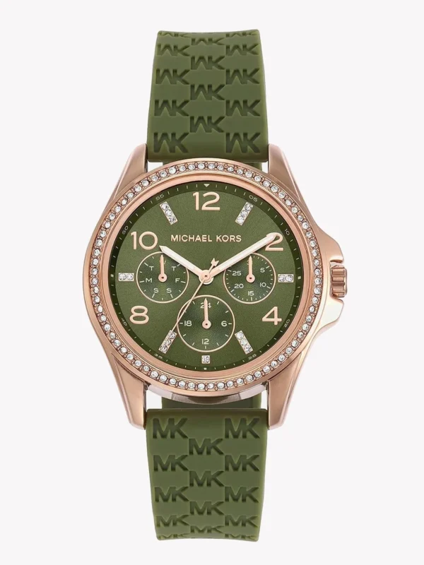 Montre femme Michael Kors MK7421 avec cadran vert olive, bracelet silicone et lunette pavée