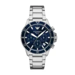 Montre homme Emporio Armani AR11681 World Explorer avec cadran bleu soleillé, chronographe et bracelet acier 43,5 mm disponible au Maroc