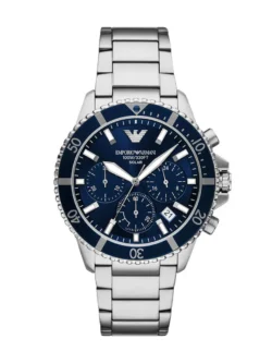 Montre homme Emporio Armani AR11681 World Explorer avec cadran bleu soleillé, chronographe et bracelet acier 43,5 mm disponible au Maroc