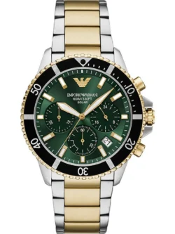 Montre Emporio Armani AR11695 homme avec cadran vert émeraude soleillé, lunette crantée bicolore et boîtier acier argenté et doré 42 mm, disponible au Maroc