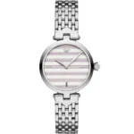 Montre femme Emporio Armani AR11195 avec cadran blanc nacré à rayures violettes et boîtier acier argenté 32 mm