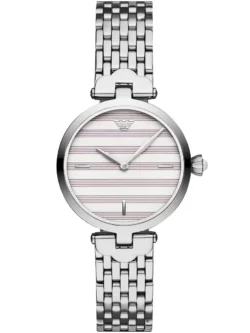 Montre femme Emporio Armani AR11195 avec cadran blanc nacré à rayures violettes et boîtier acier argenté 32 mm