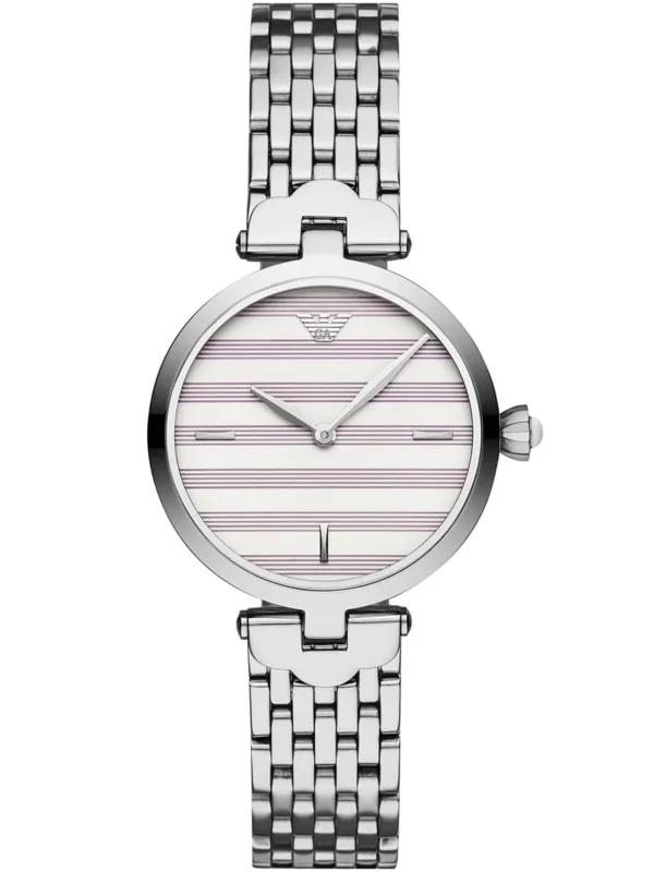 Montre femme Emporio Armani AR11195 avec cadran blanc nacré à rayures violettes et boîtier acier argenté 32 mm