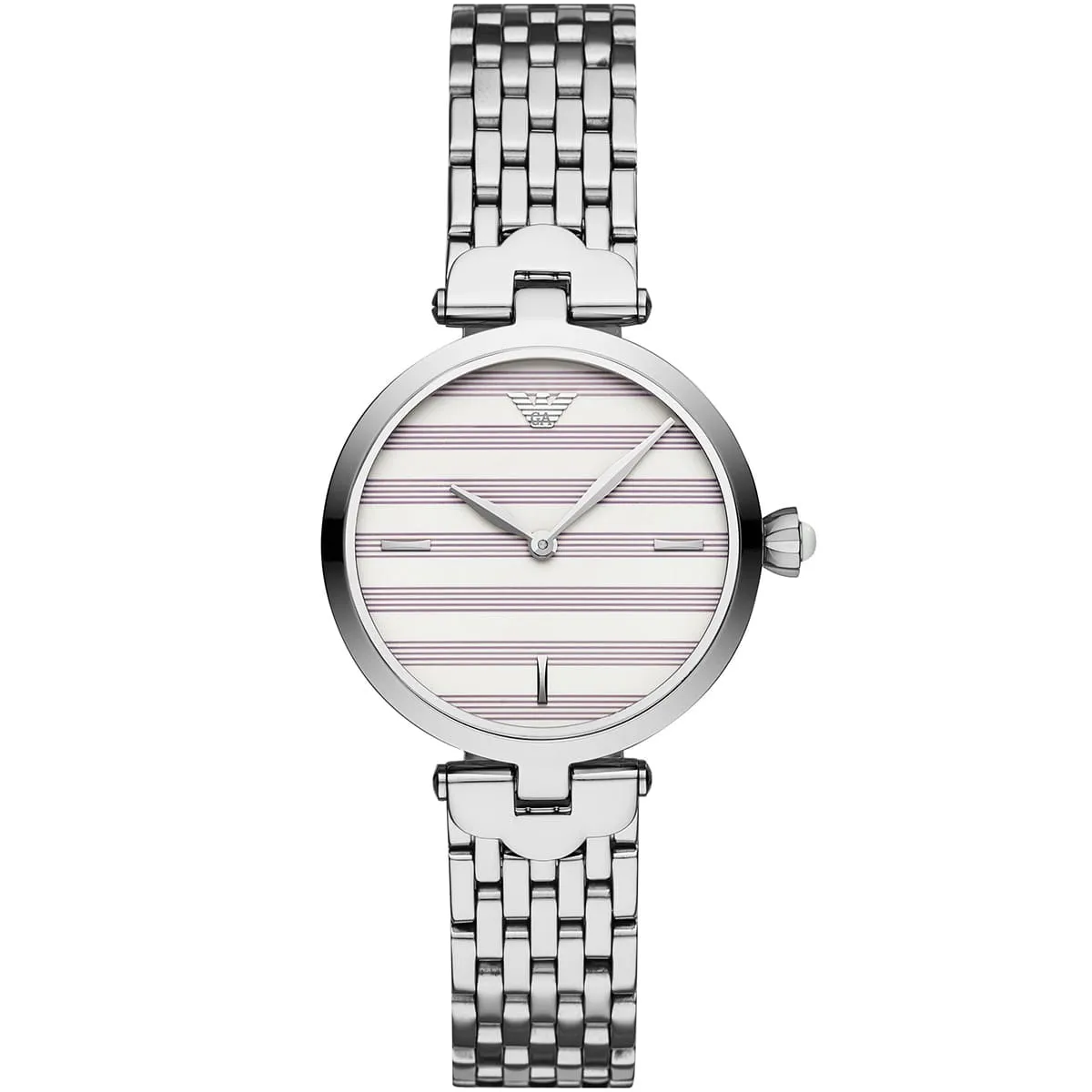 montre-femme-emporio-armani-arianna-ar11195-cadran-blanc-raye-violet Montre femme Emporio Armani AR11195 avec cadran blanc nacré à rayures violettes et boîtier acier argenté 32 mm