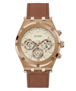 Montre Guess GW0262G3 homme avec boîtier acier 44 mm, cadran blanc cassé multifonction et bracelet en cuir marron, vue de face
