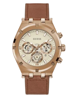 Montre Guess GW0262G3 homme avec boîtier acier 44 mm, cadran blanc cassé multifonction et bracelet en cuir marron, vue de face