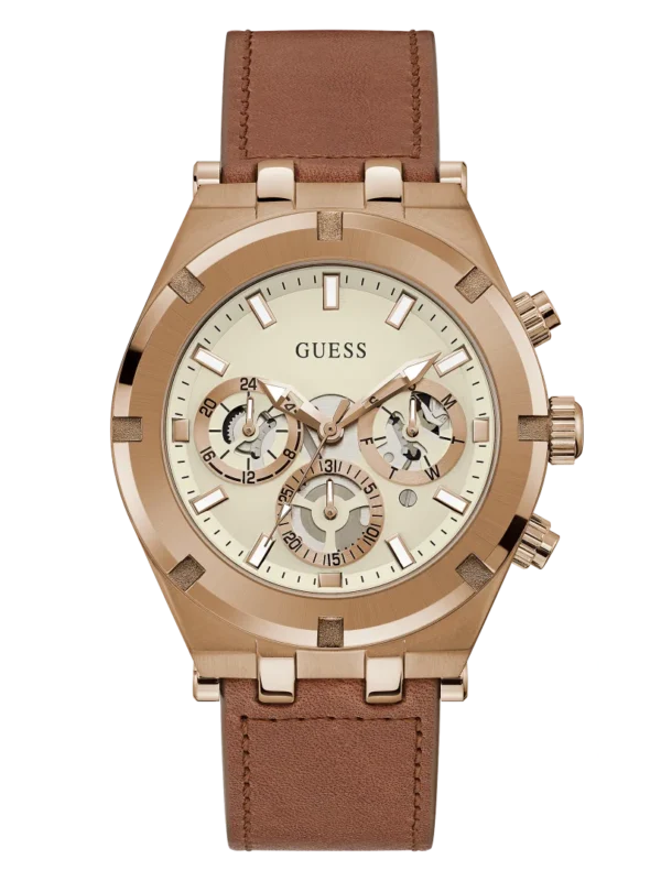 Montre Guess GW0262G3 homme avec boîtier acier 44 mm, cadran blanc cassé multifonction et bracelet en cuir marron, vue de face