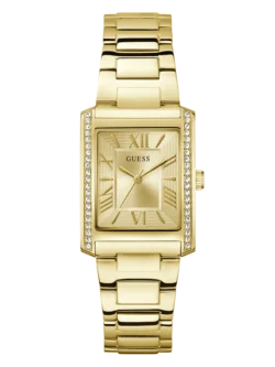 Montre Guess GW0874L4 femme vue de face avec boîtier rectangulaire ton doré de 27 mm en acier inoxydable poli, disponible au Maroc sur Planetawatches.ma