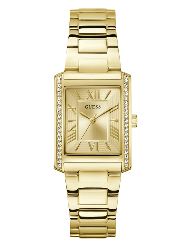 Montre Guess GW0874L4 femme vue de face avec boîtier rectangulaire ton doré de 27 mm en acier inoxydable poli, disponible au Maroc sur Planetawatches.ma