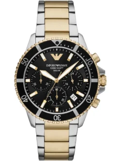 Montre Emporio Armani AR11680 solaire chronographe avec cadran noir, lunette de plongée dorée et bracelet acier bicolore argenté et doré