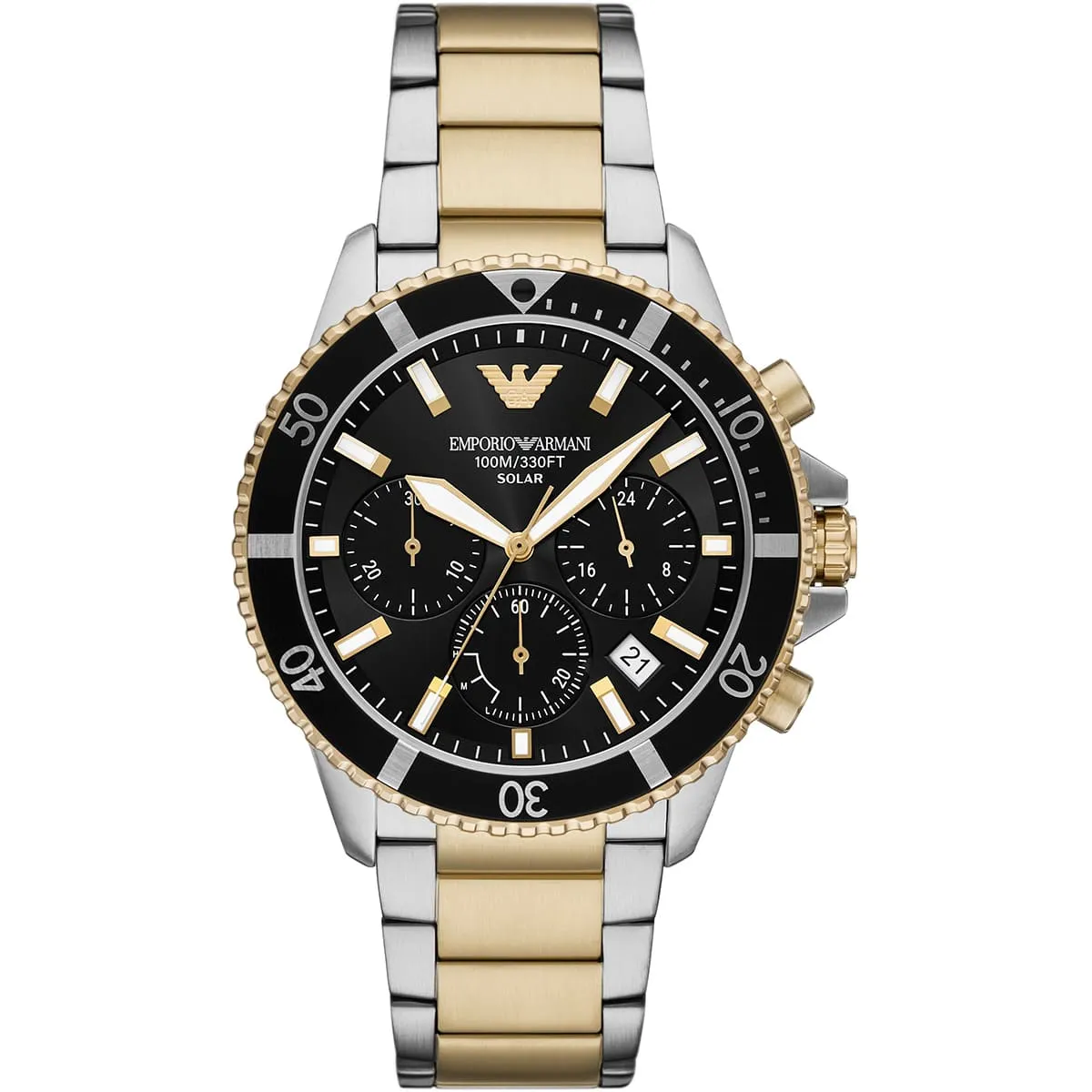 montre-homme-emporio-armani-ar11680-solaire-chronographe-cadran-noir-bracelet-bicolore Montre Emporio Armani AR11680 solaire chronographe avec cadran noir, lunette de plongée dorée et bracelet acier bicolore argenté et doré