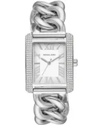 Montre Michael Kors MK7438 Mini Emery femme, boîtier rectangulaire argenté serti de cristaux et cadran blanc soleillé à chiffres romains