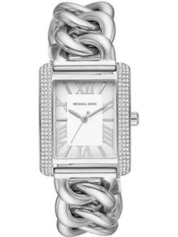Montre Michael Kors MK7438 Mini Emery femme, boîtier rectangulaire argenté serti de cristaux et cadran blanc soleillé à chiffres romains