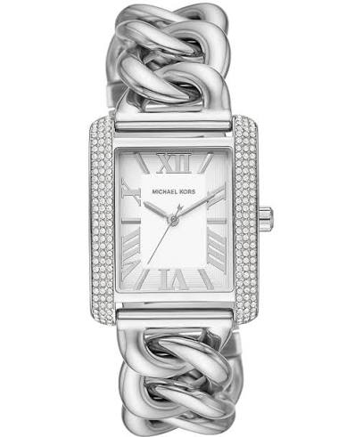 montre-michael-kors-mini-emery-mk7438-femme-cadran-blanc-argente Montre Michael Kors MK7438 Mini Emery femme, boîtier rectangulaire argenté serti de cristaux et cadran blanc soleillé à chiffres romains