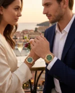 Pack Couple GUESS Emperor GW0849G2 homme et Empress GW0873L2 femme avec cadrans verts et bracelets dorés