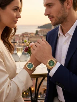 Pack Couple GUESS Emperor GW0849G2 homme et Empress GW0873L2 femme avec cadrans verts et bracelets dorés