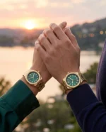 Pack Couple GUESS Emperor GW0849G2 homme et Empress GW0873L2 femme avec cadrans verts et bracelets dorés au maroc