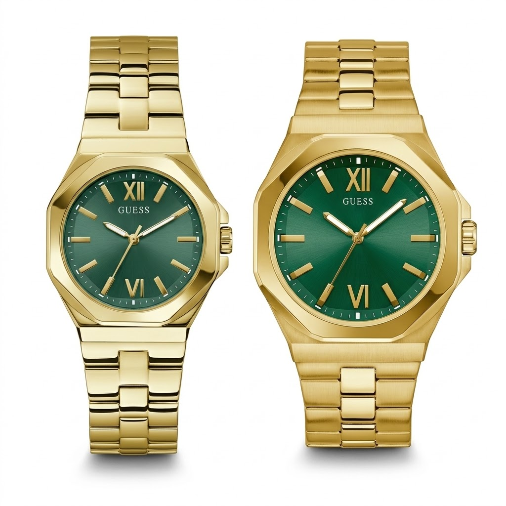 Pack Couple GUESS Emperor et Empress – Doré et Vert Pack Couple GUESS GW0849G2 Emperor homme et GW0873L2 Empress femme dorées à cadran vert