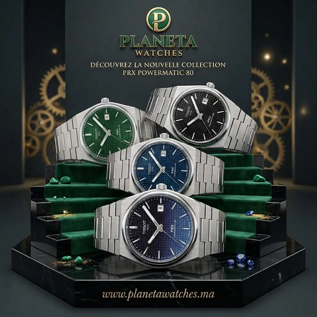 Collection Tissot PRX Powermatic 80 chez Planetawatches au Maroc, avec différents cadrans texturés et bracelet intégré en acier.