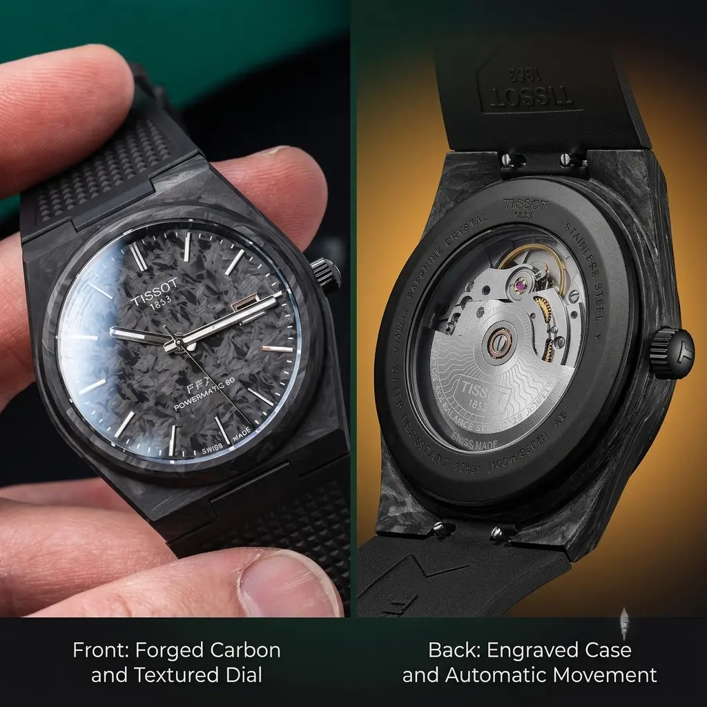 Tissot PRX Powermatic 80 Forged Carbon avec boîtier en carbone forgé, cadran sombre et mouvement automatique visible.