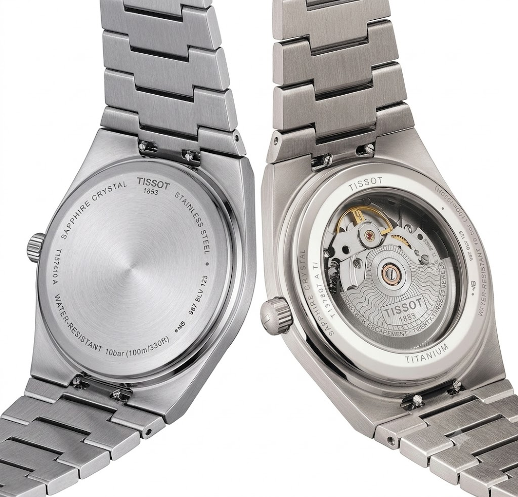 tissot prx quartz vs powermatic 80 , Comparatif fond de boîtier Tissot PRX Quartz avec fond plein et Tissot PRX Powermatic 80 avec fond transparent.