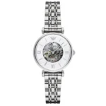 Montre femme Emporio Armani AR1991 Meccanico argentée avec cadran nacré et ouverture skeleton centrale