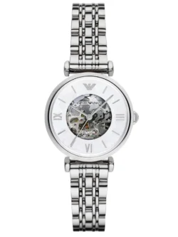 Montre femme Emporio Armani AR1991 Meccanico argentée avec cadran nacré et ouverture skeleton centrale