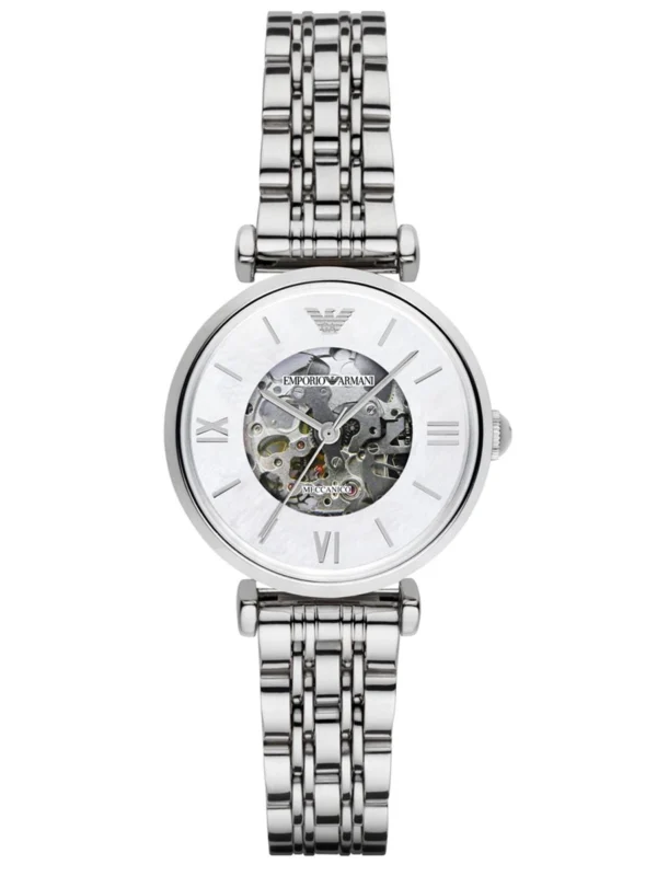 Montre femme Emporio Armani AR1991 Meccanico argentée avec cadran nacré et ouverture skeleton centrale