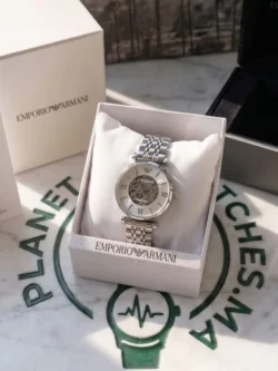Montre femme Emporio Armani AR1991 Meccanico automatique argentée présentée dans son coffret