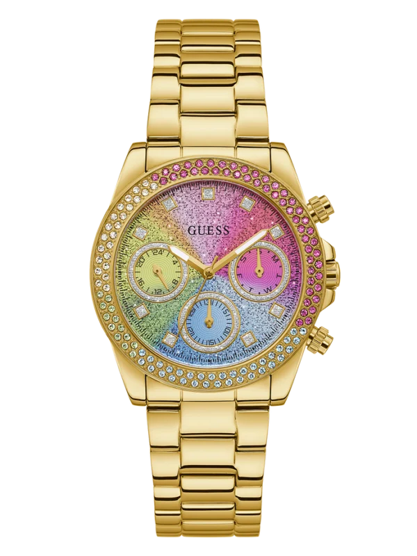 Montre femme Guess GW0483L4 dorée avec cadran multicolore et cristaux