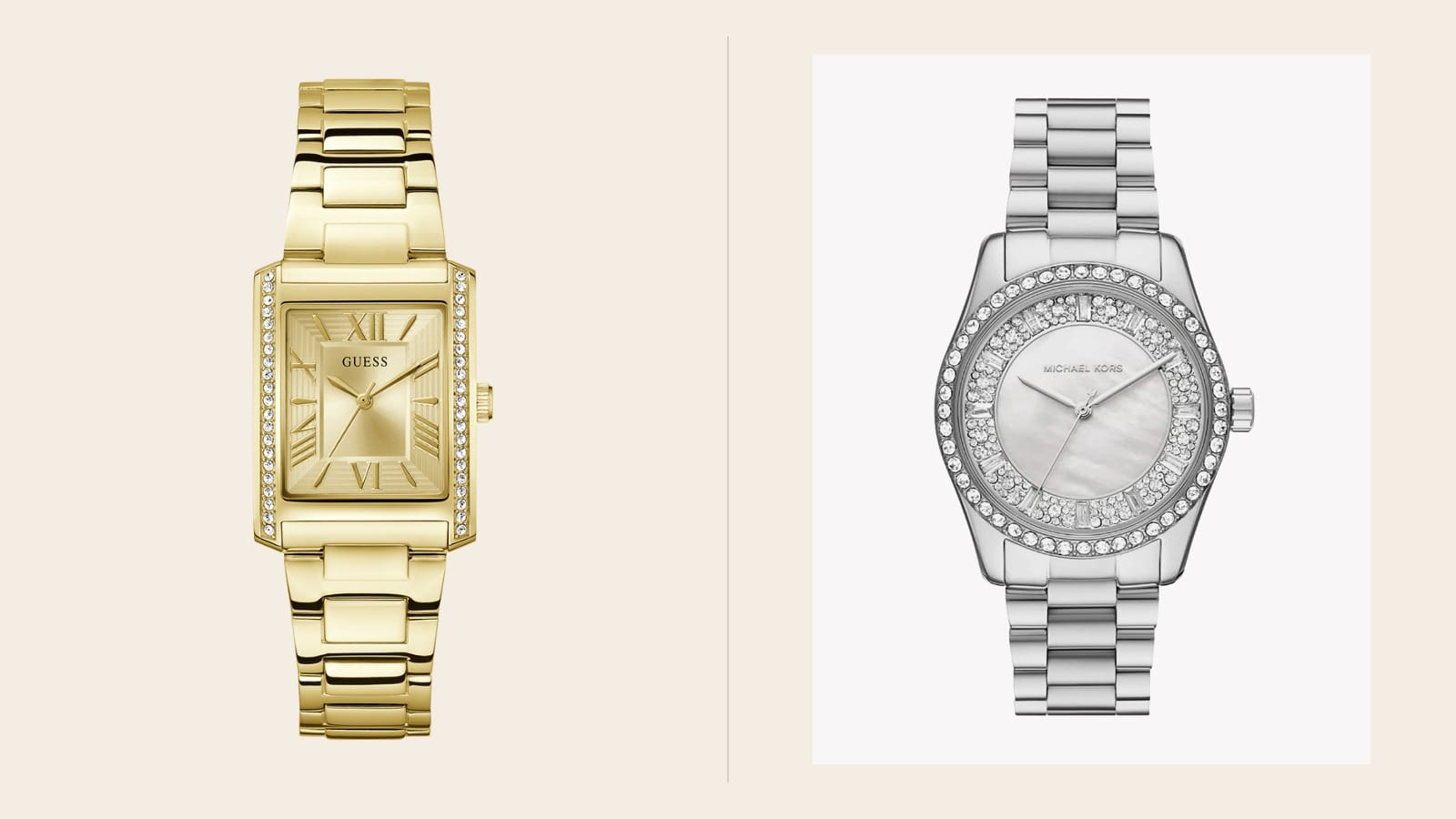 Guess ou Michael Kors : quelle montre femme choisir au Maroc ? Montre Guess GW0874L4 dorée et montre Michael Kors MK7445 argentée, deux montres femme au Maroc