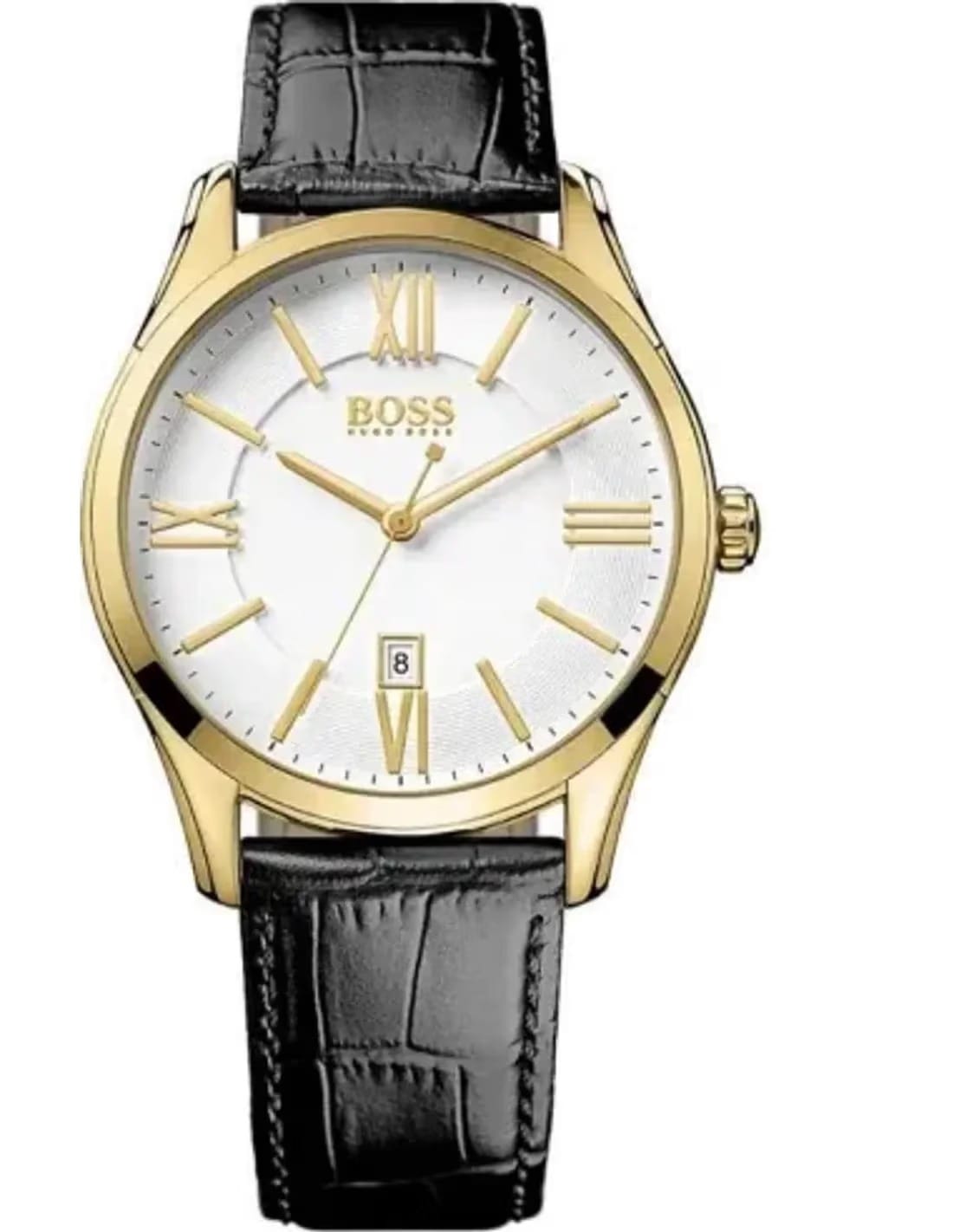 Hugo Boss 1513020 Ambassador - vue face Montre Hugo Boss 1513020 Ambassador cadran blanc bracelet cuir croco noir 43mm