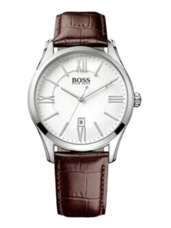 Montre Hugo Boss 1513021 Ambassador cadran blanc bracelet cuir marron 43mm