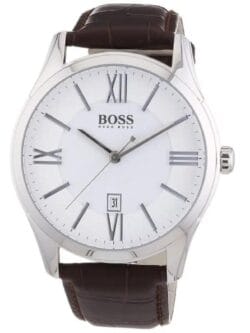 Montre Hugo Boss 1513021 Ambassador cadran blanc bracelet cuir marron 43mm
