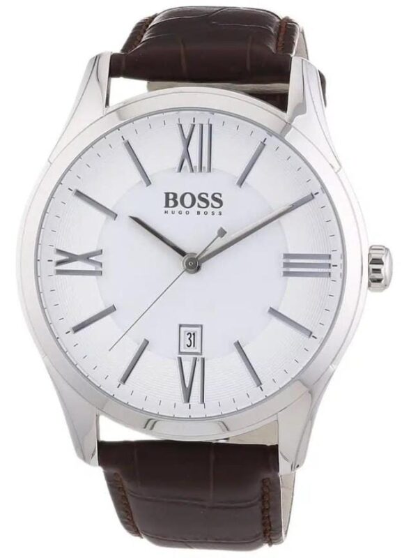 Montre Hugo Boss 1513021 Ambassador cadran blanc bracelet cuir marron 43mm