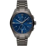 Montre Emporio Armani AR11481 de face avec cadran bleu soleillé et bracelet en acier gris
