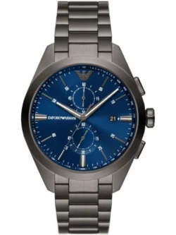 Montre Emporio Armani AR11481 de face avec cadran bleu soleillé et bracelet en acier gris