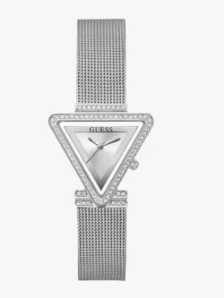 Montre Guess GW0508L1 Fame femme, boîtier triangle argenté serti de cristaux et bracelet en maille milanaise